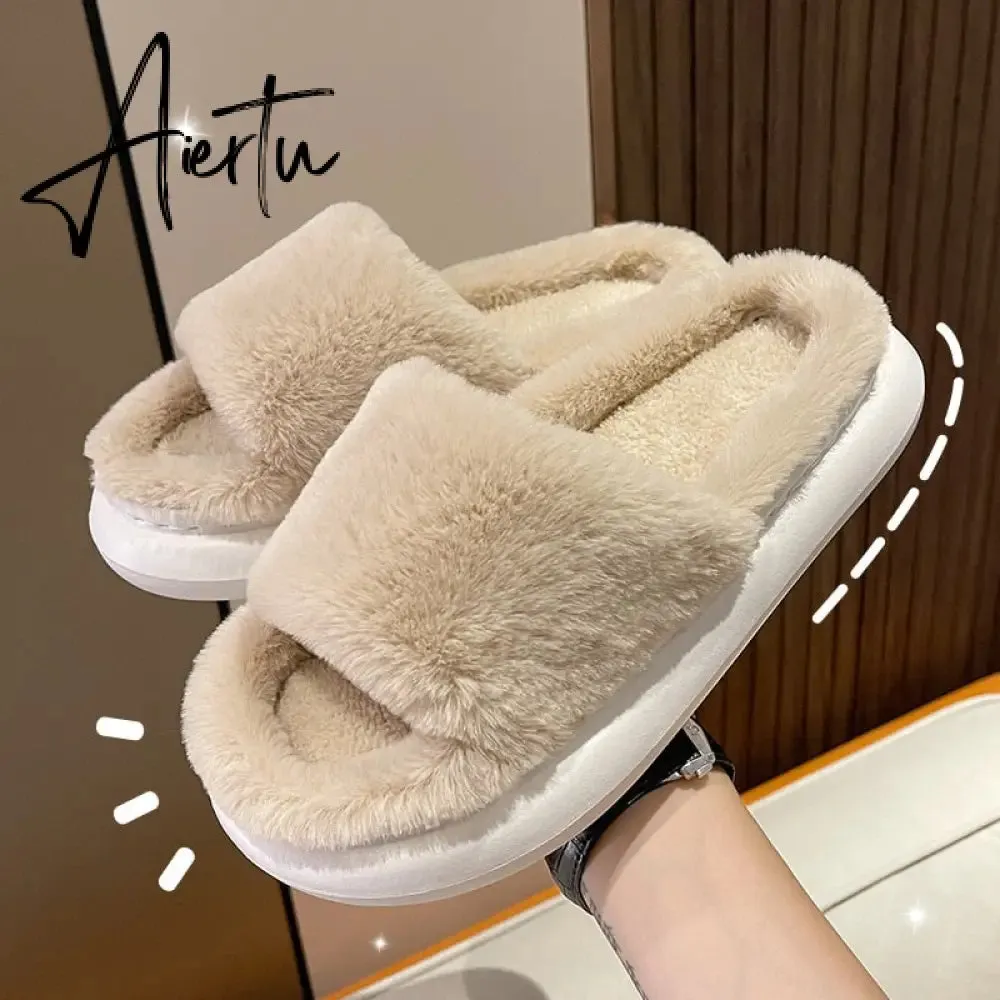 Aiertu Thick Fluffy Fur Slippers New Women Winter House Warm Furry Slippers Women Flip Flops Home Slides Flat Indoor Floor Shoes