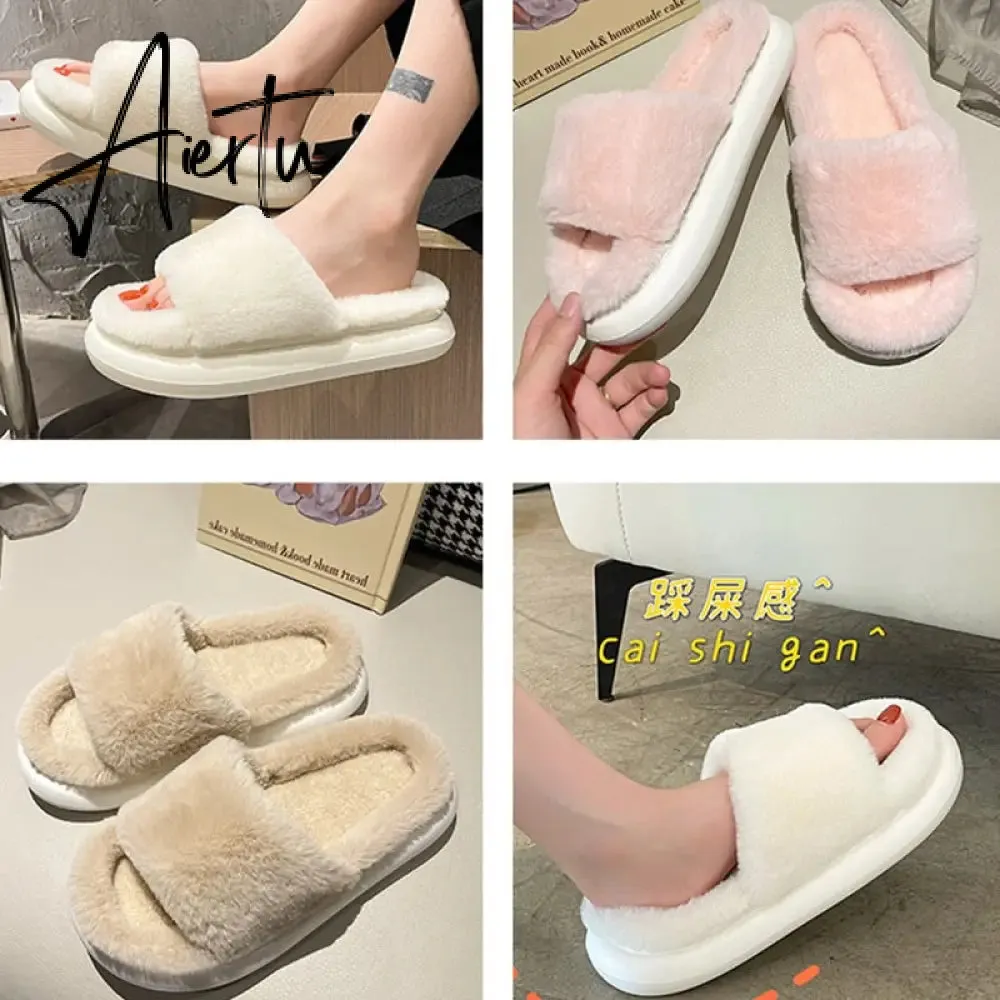 Aiertu Thick Fluffy Fur Slippers New Women Winter House Warm Furry Slippers Women Flip Flops Home Slides Flat Indoor Floor Shoes