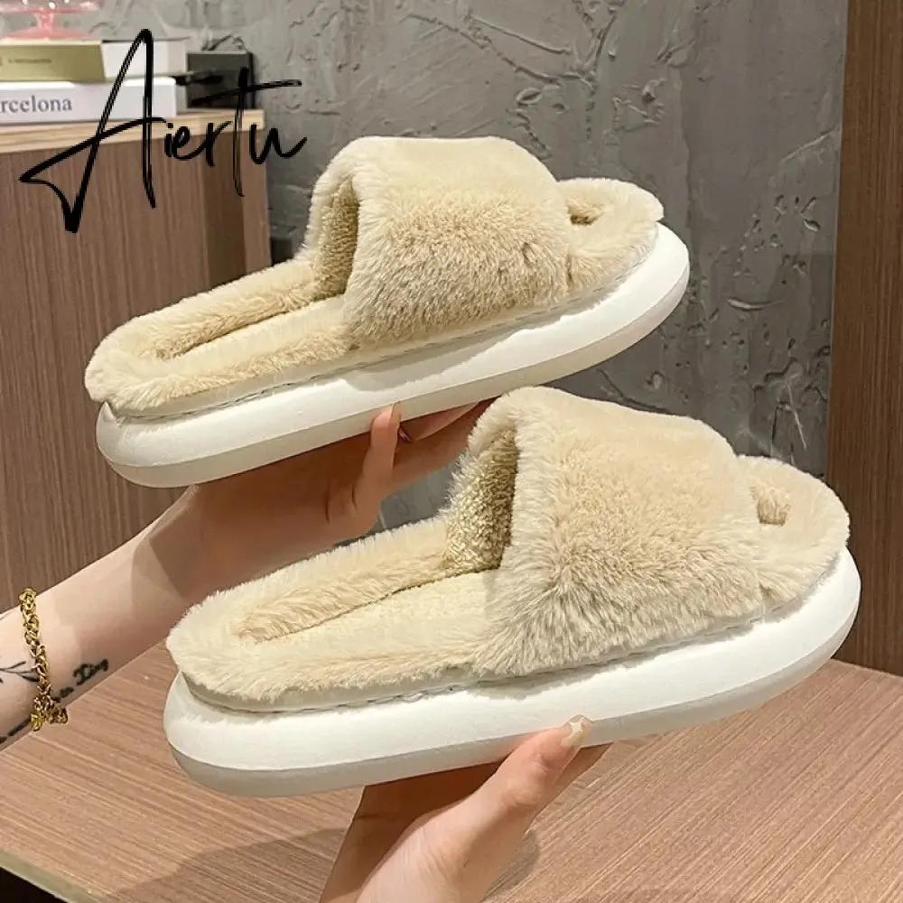 Aiertu Thick Fluffy Fur Slippers New Women Winter House Warm Furry Slippers Women Flip Flops Home Slides Flat Indoor Floor Shoes