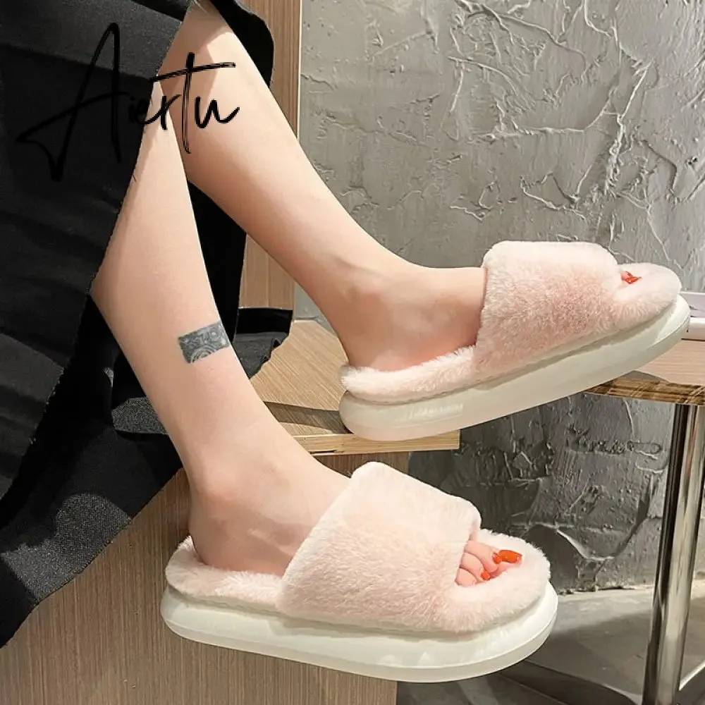 Aiertu Thick Fluffy Fur Slippers New Women Winter House Warm Furry Slippers Women Flip Flops Home Slides Flat Indoor Floor Shoes