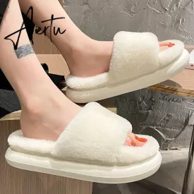 Aiertu Thick Fluffy Fur Slippers New Women Winter House Warm Furry Slippers Women Flip Flops Home Slides Flat Indoor Floor Shoes