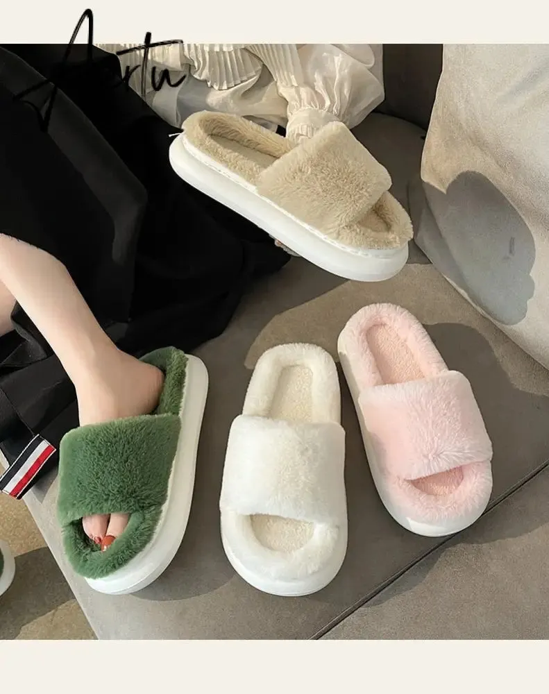 Aiertu Thick Fluffy Fur Slippers New Women Winter House Warm Furry Slippers Women Flip Flops Home Slides Flat Indoor Floor Shoes