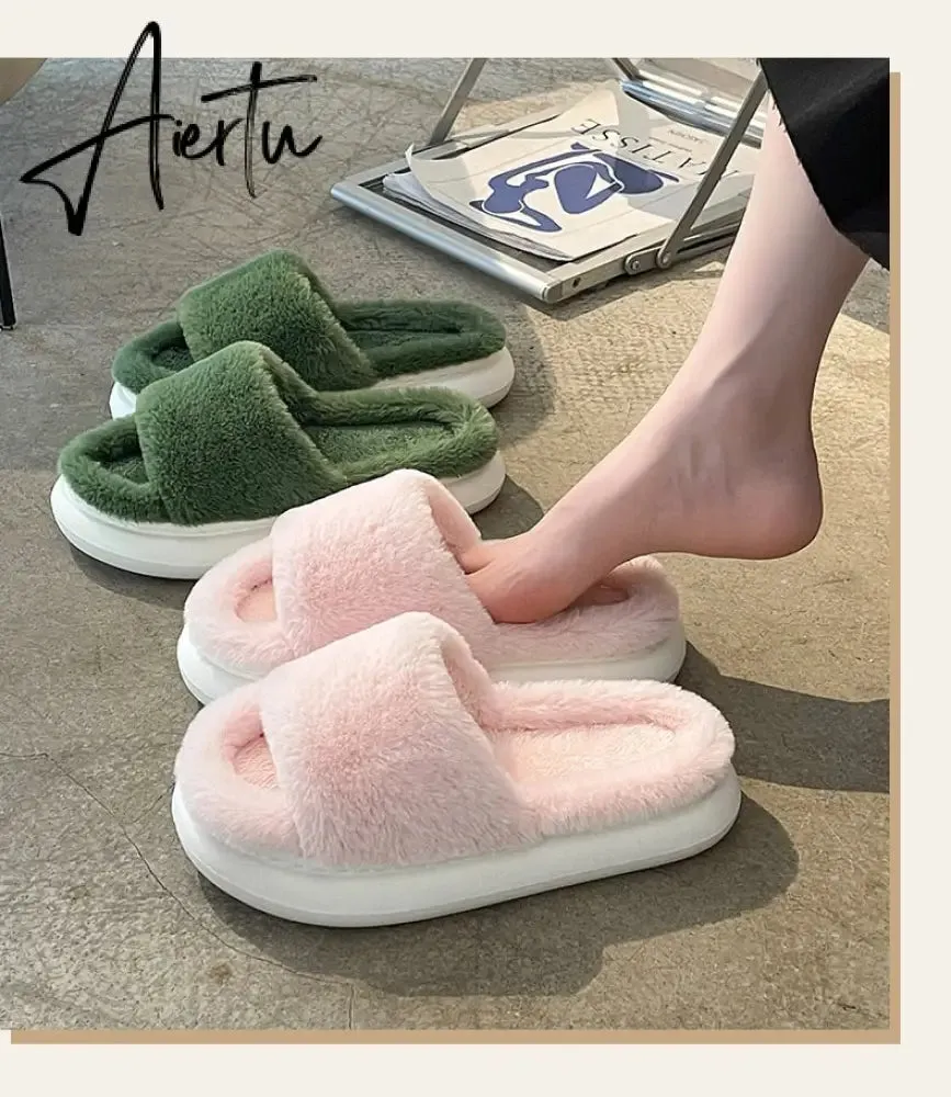 Aiertu Thick Fluffy Fur Slippers New Women Winter House Warm Furry Slippers Women Flip Flops Home Slides Flat Indoor Floor Shoes