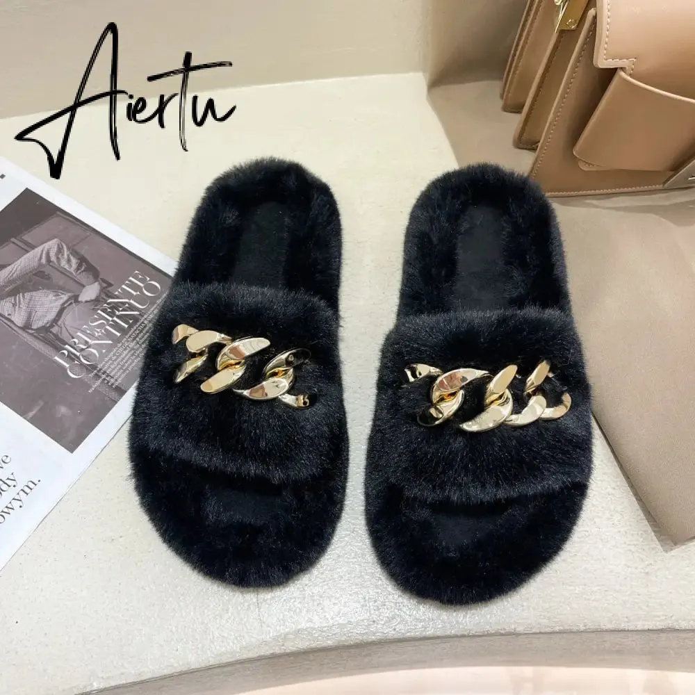 Aiertu  Women Fashion Metal Chain Warm Fluffy Slippers Cozy Faux Fur  Indoor Floor Outdoor Slides Flat Soft Furry Ladies Celebrities Fli