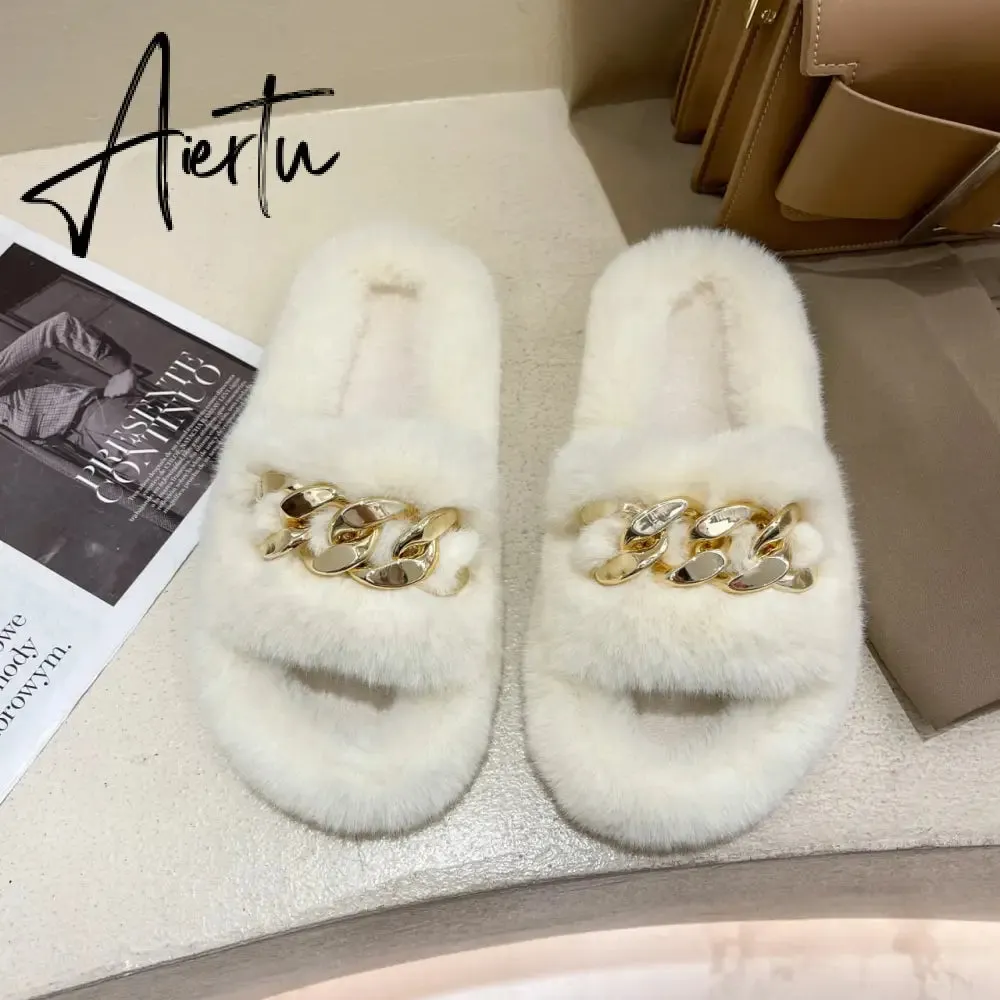 Aiertu  Women Fashion Metal Chain Warm Fluffy Slippers Cozy Faux Fur  Indoor Floor Outdoor Slides Flat Soft Furry Ladies Celebrities Fli