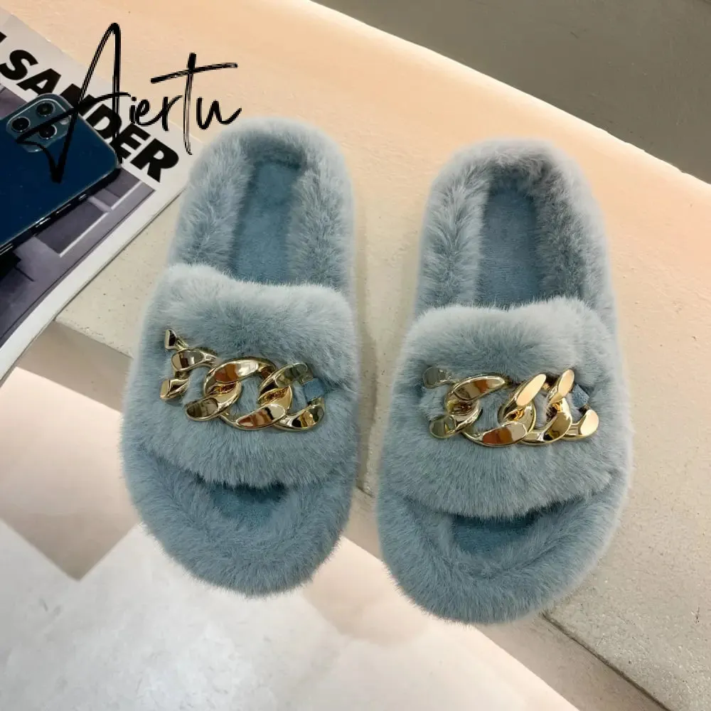 Aiertu  Women Fashion Metal Chain Warm Fluffy Slippers Cozy Faux Fur  Indoor Floor Outdoor Slides Flat Soft Furry Ladies Celebrities Fli