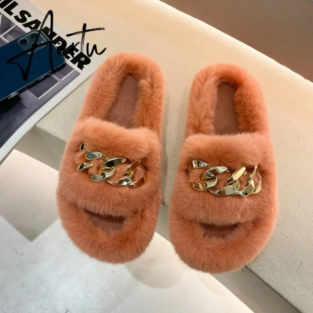 Aiertu  Women Fashion Metal Chain Warm Fluffy Slippers Cozy Faux Fur  Indoor Floor Outdoor Slides Flat Soft Furry Ladies Celebrities Fli