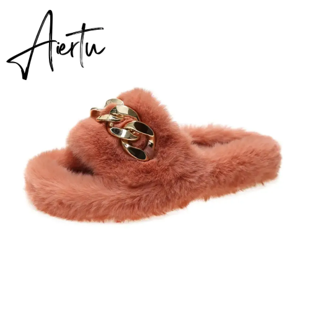 Aiertu  Women Fashion Metal Chain Warm Fluffy Slippers Cozy Faux Fur  Indoor Floor Outdoor Slides Flat Soft Furry Ladies Celebrities Fli