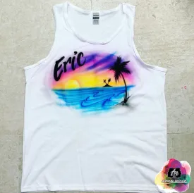 Airbrush Beach Sunset with Palm Trees and Island Shirt Design