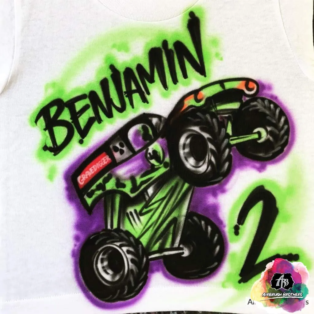 Airbrush Grave Digger Monster Truck Birthday Shirt Design