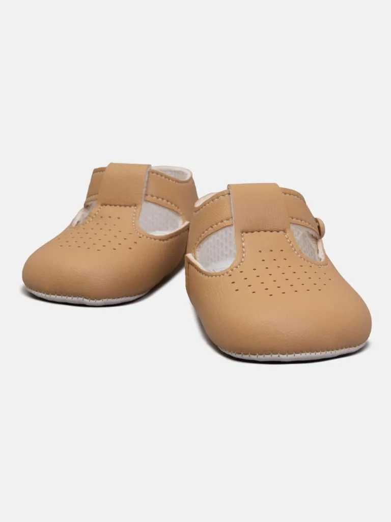 Baypods Soft Sole Boys T-Bar Hole Punched Shoe - Camel Brown