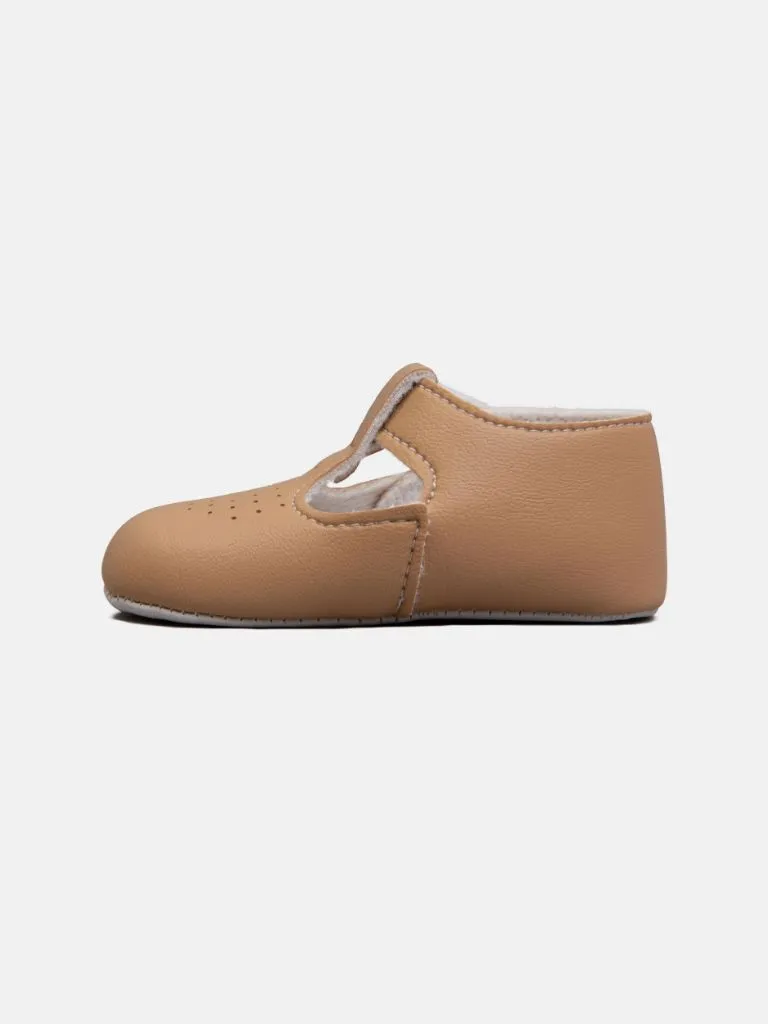 Baypods Soft Sole Boys T-Bar Hole Punched Shoe - Camel Brown