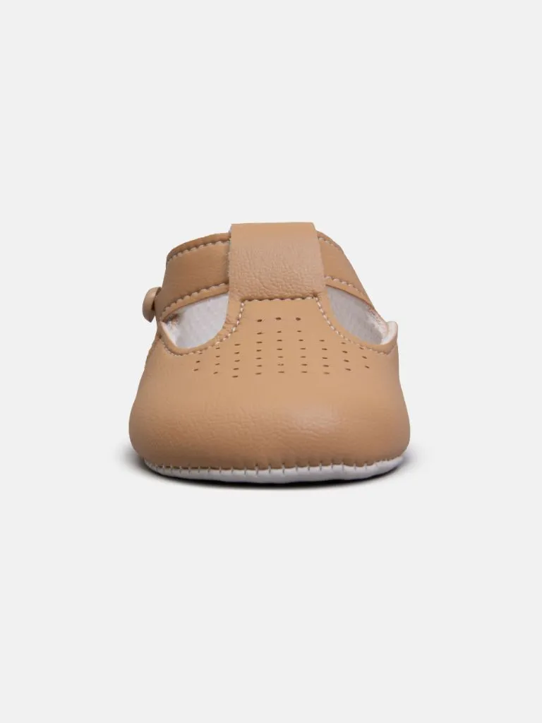 Baypods Soft Sole Boys T-Bar Hole Punched Shoe - Camel Brown