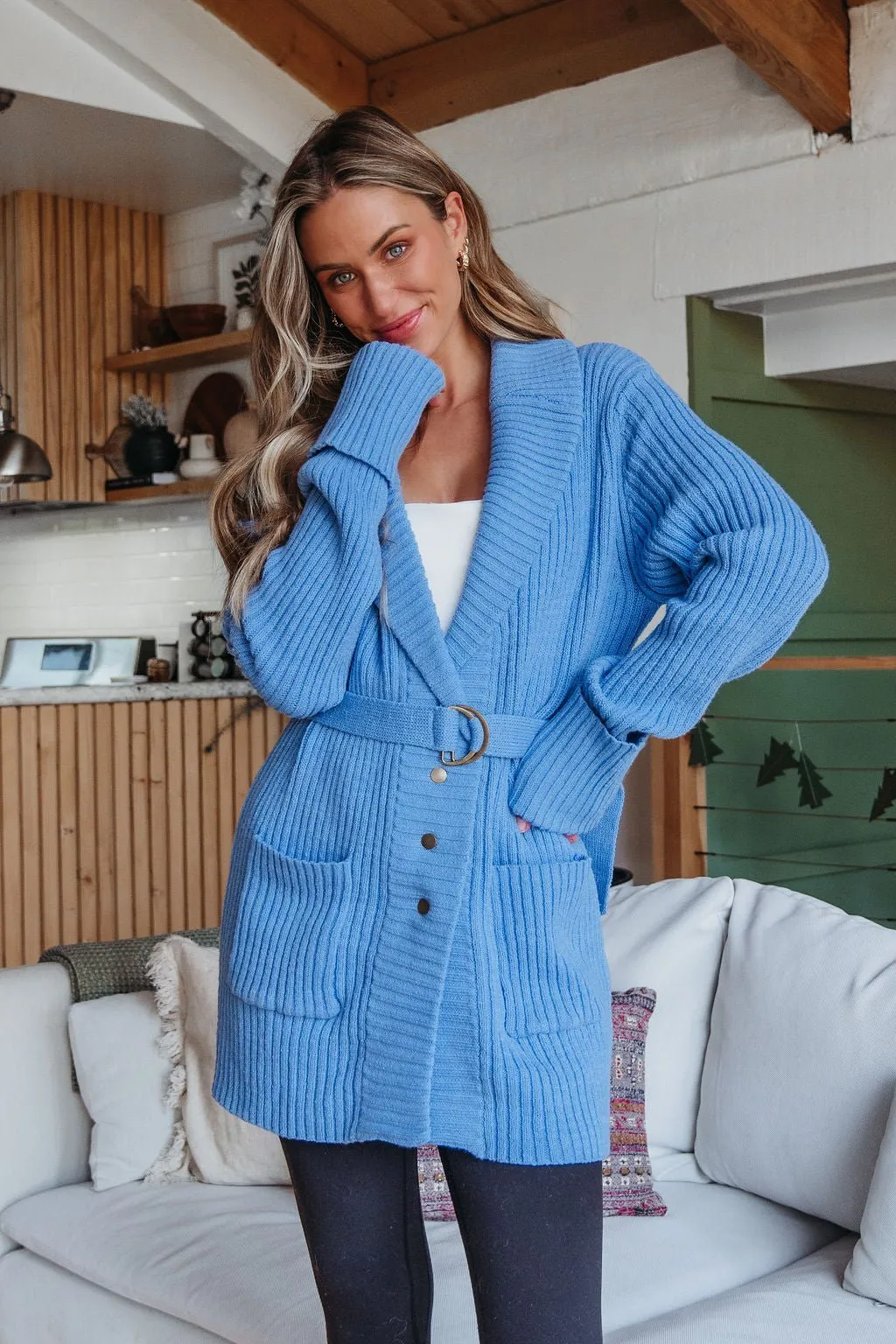 Blue Button Down Belted Cardigan