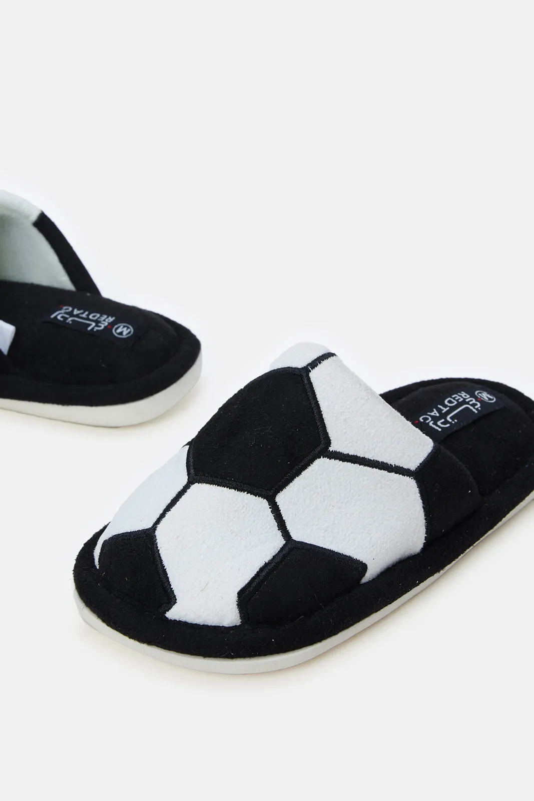 Boys White And Black Soccer Ball Print Slippers