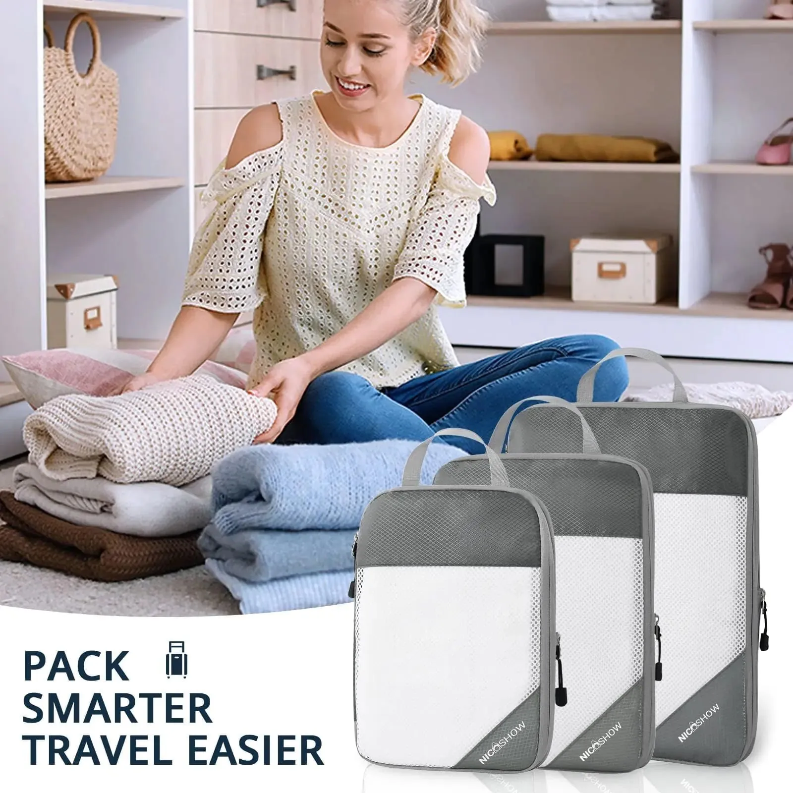 Compression Packing Cubes for Travel, Packing Cubes Compression Travel Essentials, Compressible Packing Cubes Travel Organizers for Carry-on Luggage Suitcase Grey 3pcs