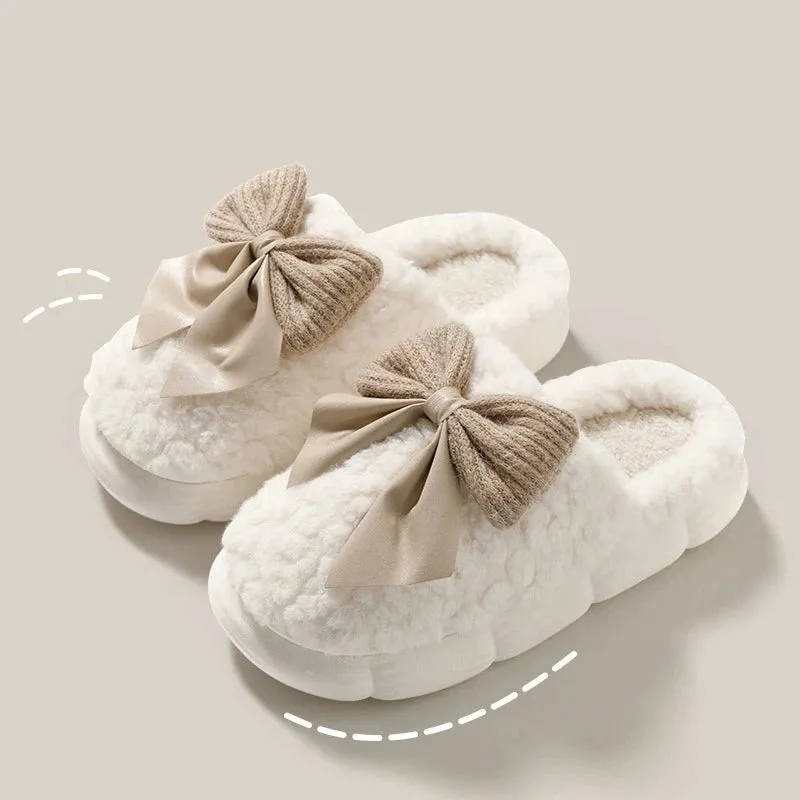 Cute Bow Velvet Cotton Slippers for Women