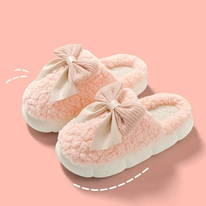 Cute Bow Velvet Cotton Slippers for Women