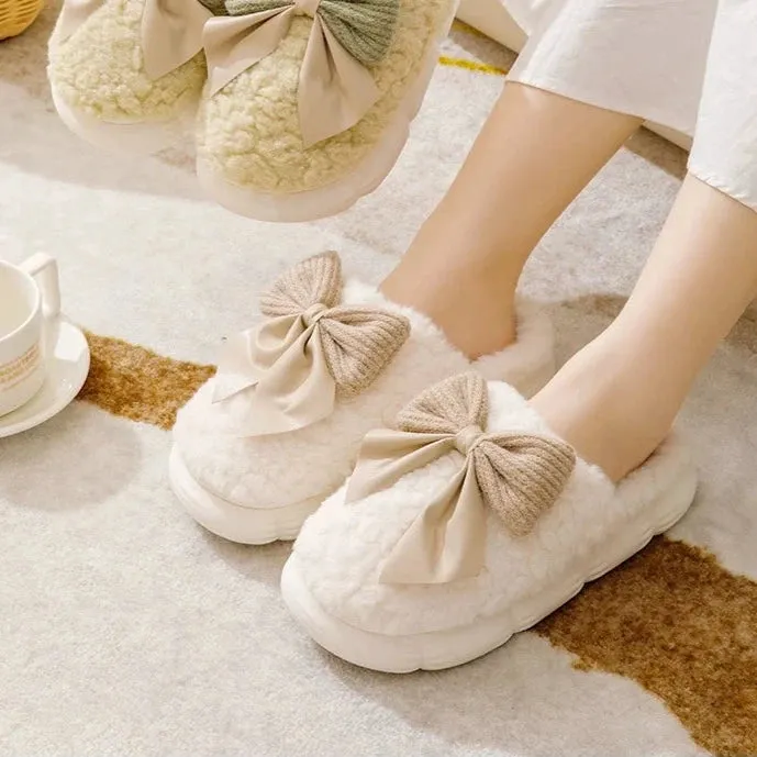 Cute Bow Velvet Cotton Slippers for Women