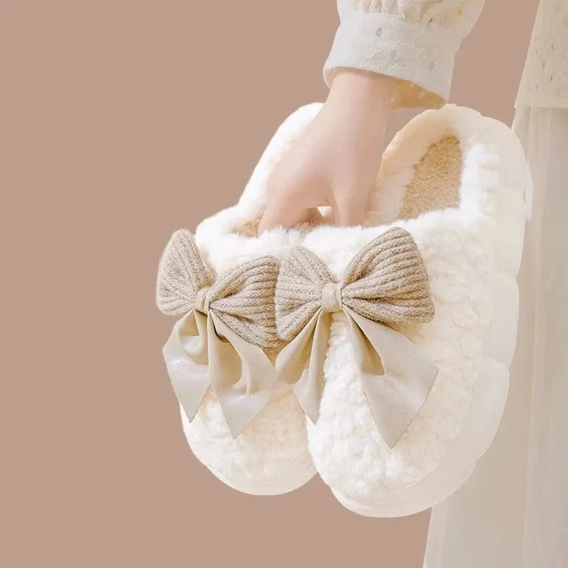 Cute Bow Velvet Cotton Slippers for Women