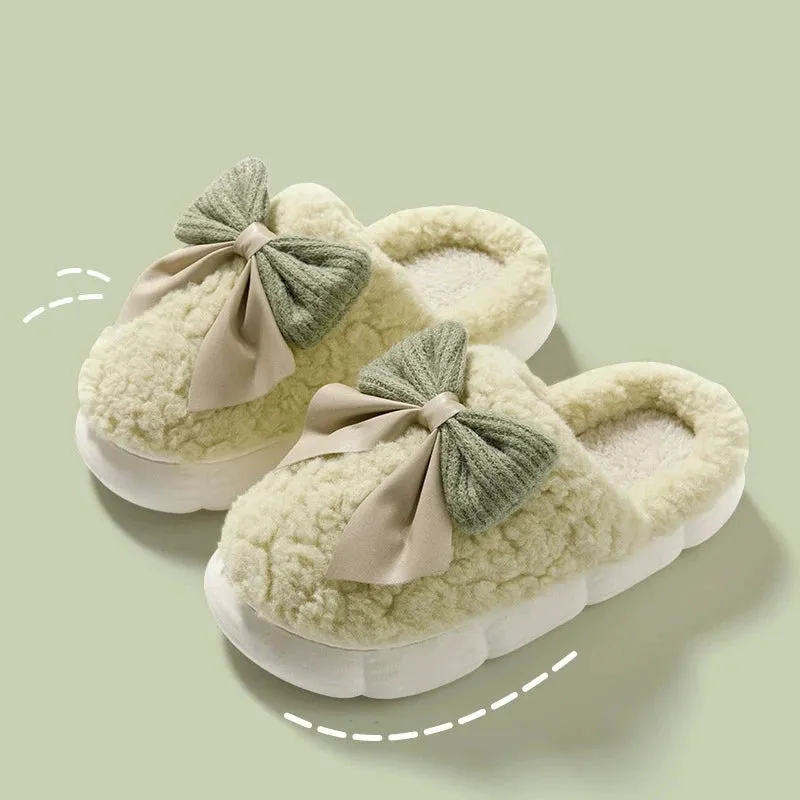 Cute Bow Velvet Cotton Slippers for Women