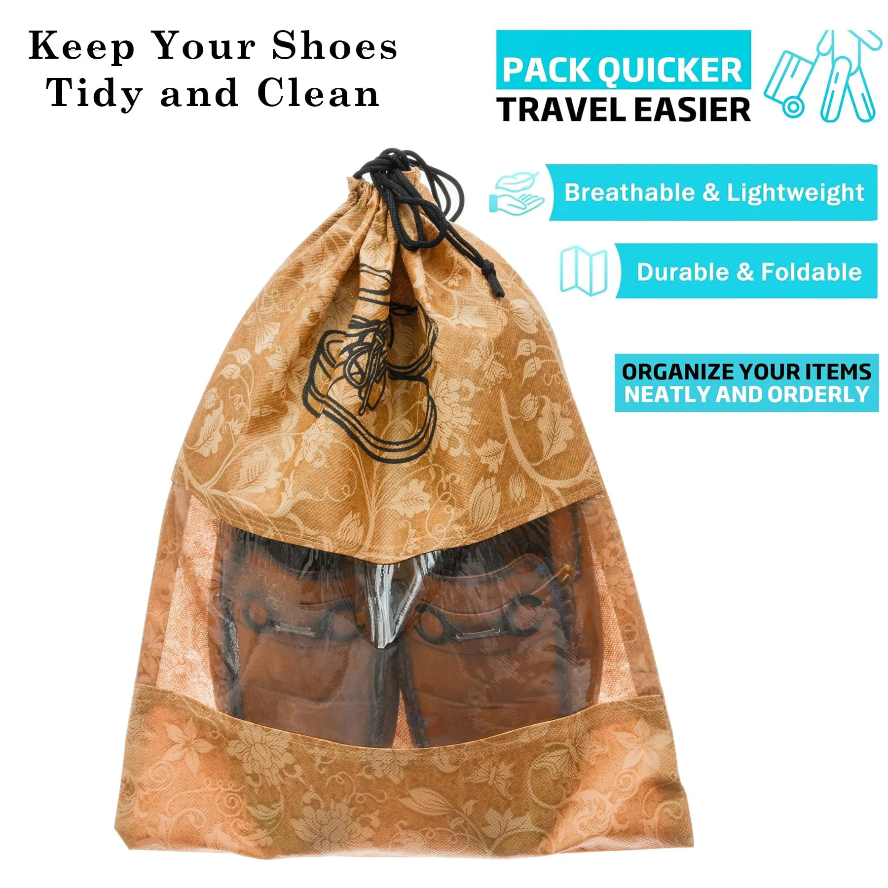 Heart Home Shoe Cover | Travel Shoe Storage Bags | Non-Woven Storage Bags | Shoe Cover with Drawstring | Shoe Organizer with Clear window | Flower-Design | Pack of 12 | Brown