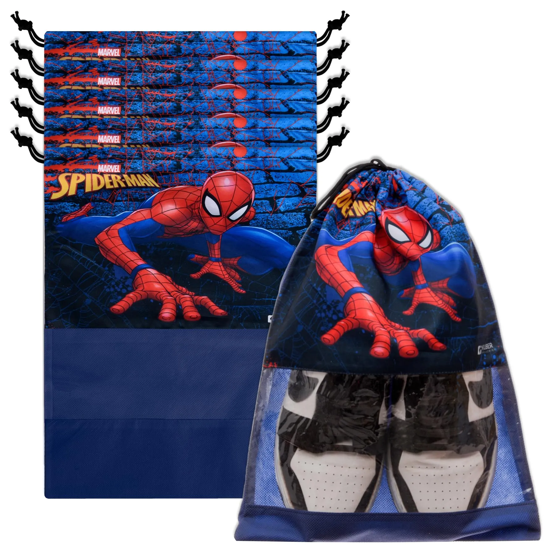 Kuber Industries Marvel Spiderman Shoe Cover | Travel Shoe Storage Bags | Polyester Storage Bag | Drawstring Shoe Cover | Shoe Organizer with Clear Window | Pack of 6 | Navy Blue