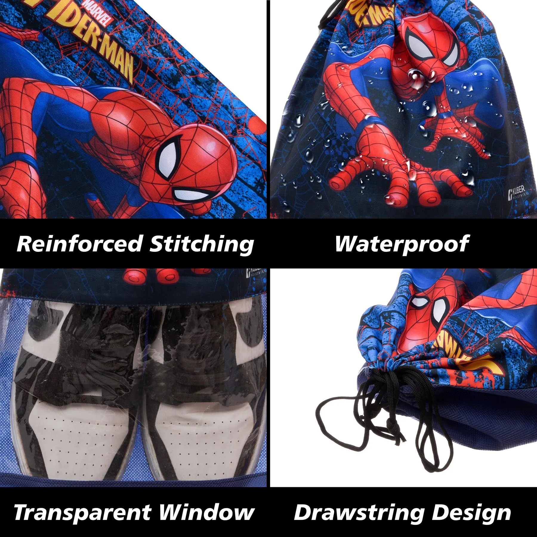 Kuber Industries Marvel Spiderman Shoe Cover | Travel Shoe Storage Bags | Polyester Storage Bag | Drawstring Shoe Cover | Shoe Organizer with Clear Window | Pack of 6 | Navy Blue