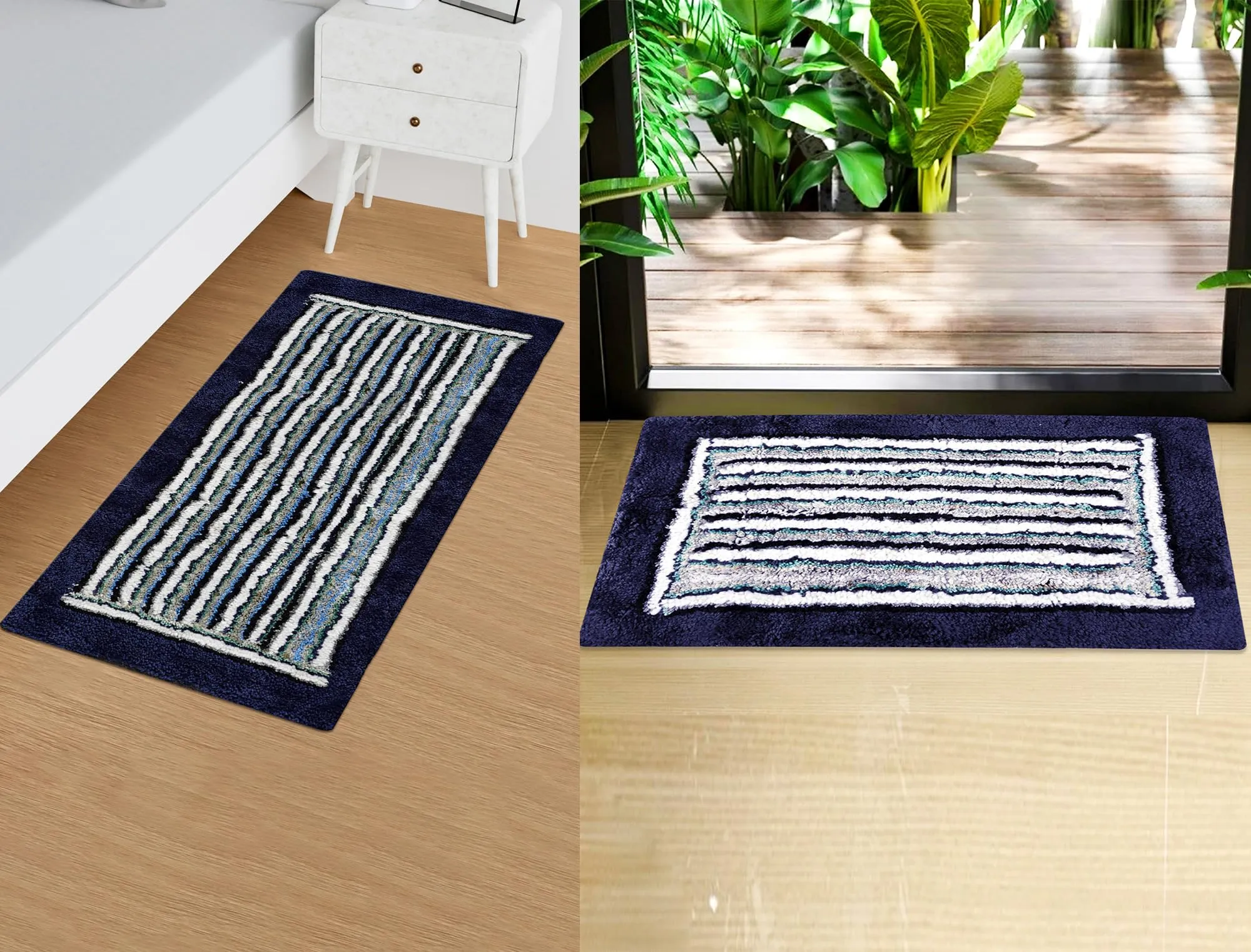 Kuber Industries Runner | Bedside Runner for Bedroom | Micro Border Home Decor Runner & Door Mat Combo | Anti-Skid Runner & Door Mat | Runner & Door Mat Set | Set of 2 | Blue