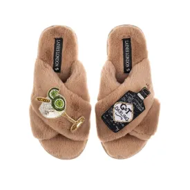 Laines London Classic Slippers with Gin and Glass Brooches in Toffee