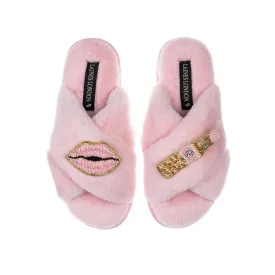 Laines London Classic Slippers with with Lips and Lipstick Brooches in Pink