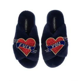 Laines London Navy Slippers with F**k You Brooches