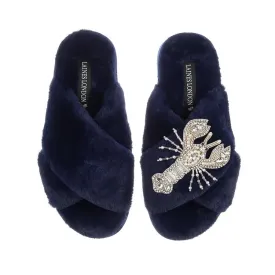 Laines London Navy Slippers with Silver Lobster