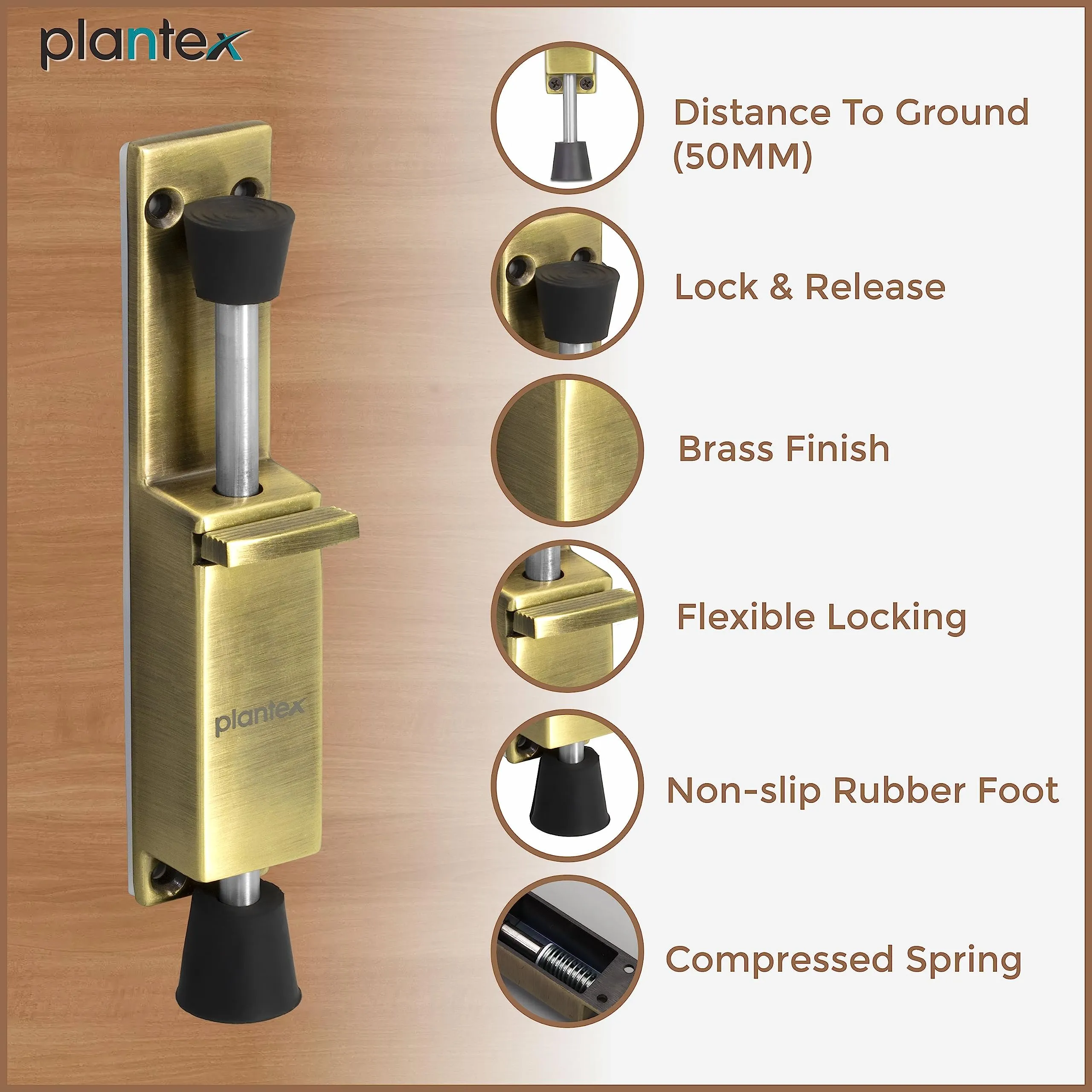 Plantex Kickdown Door Stoper Spring Loaded Telescopic Step On/Off Door Stopper Rubber, Adjustable Heavy Duty Door Locks Holder Stop/Release by Foot - Pack of 1 (Rose Gold)