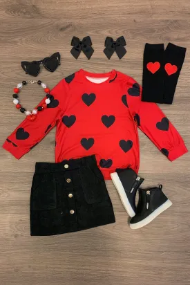 Red & Black Hearts Corduroy Skirt Set