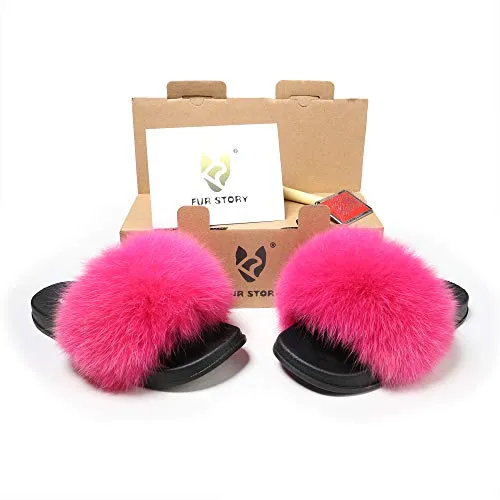 The story of fur women's fluffy fox fur sandals open-toed leather slippers (Rose, 9.5)