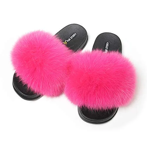 The story of fur women's fluffy fox fur sandals open-toed leather slippers (Rose, 9.5)