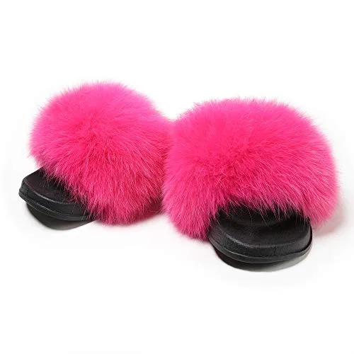 The story of fur women's fluffy fox fur sandals open-toed leather slippers (Rose, 9.5)