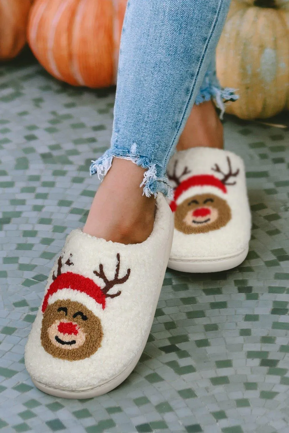 White Christmas Reindeer Fluffy Slippers