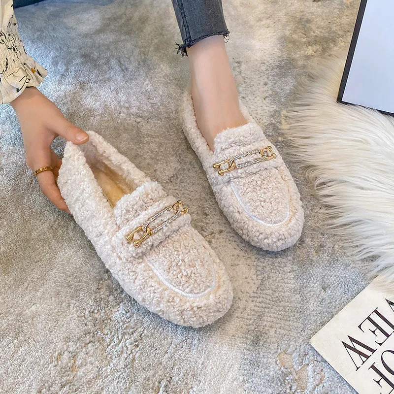 Women Faux-Fur Loafers Warm Winter Flat Metal Buckles Shoes