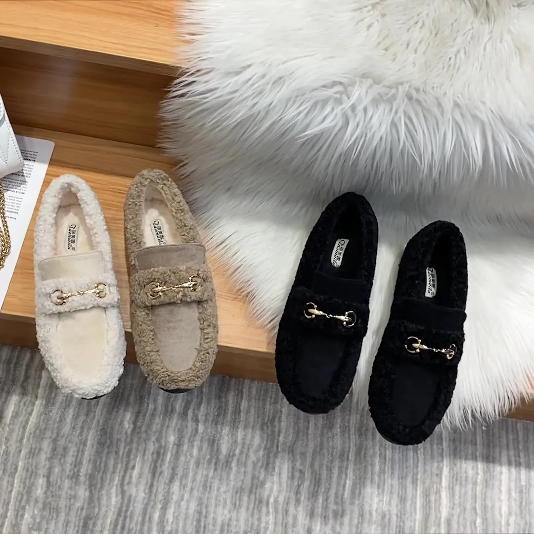 Women Faux-Fur Loafers Warm Winter Flat Metal Buckles Shoes