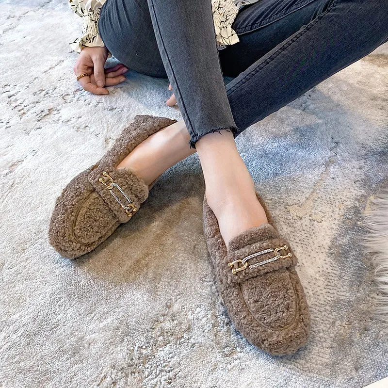 Women Faux-Fur Loafers Warm Winter Flat Metal Buckles Shoes