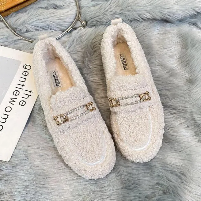 Women Faux-Fur Loafers Warm Winter Flat Metal Buckles Shoes