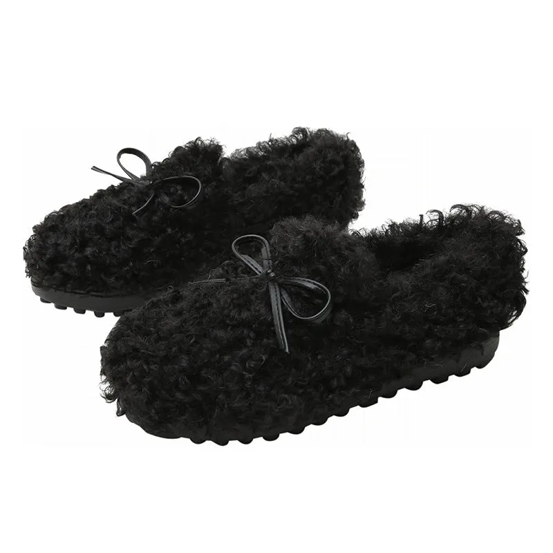 Women Frizz Faux-Fur Loafers Warm Winter Flat Bow Shoes