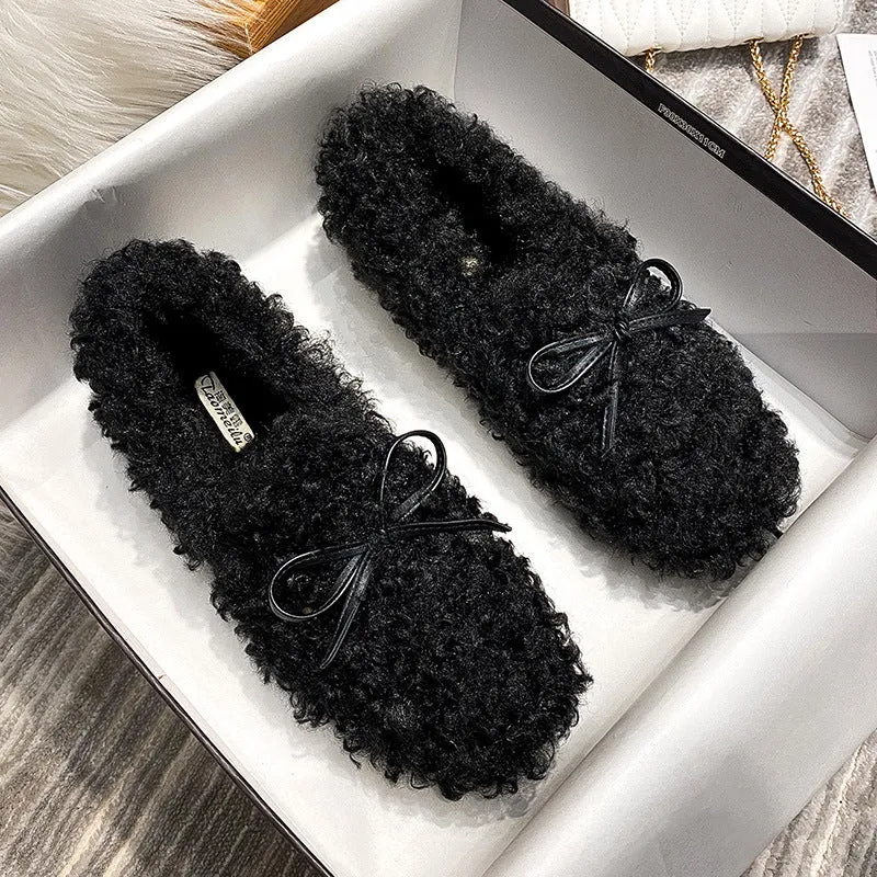 Women Frizz Faux-Fur Loafers Warm Winter Flat Bow Shoes