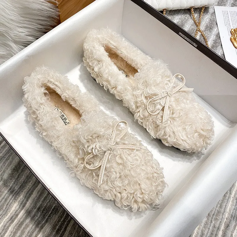 Women Frizz Faux-Fur Loafers Warm Winter Flat Bow Shoes