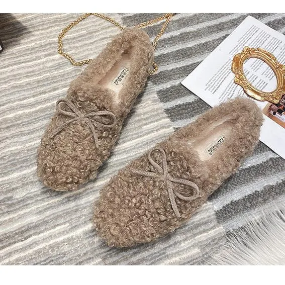 Women Frizz Faux-Fur Loafers Warm Winter Flat Bow Shoes