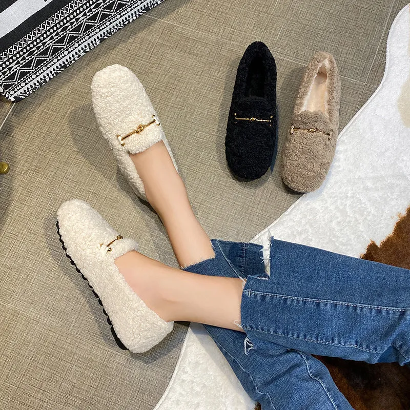 Womens Faux-Fur Lined Loafers Warm Winter Flat Plush Shoes