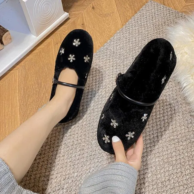 Womens Faux-Fur Loafers Winter Plush Ballet Flats Fur Buckle Shoes