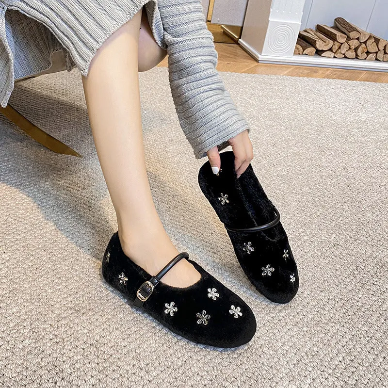 Womens Faux-Fur Loafers Winter Plush Ballet Flats Fur Buckle Shoes